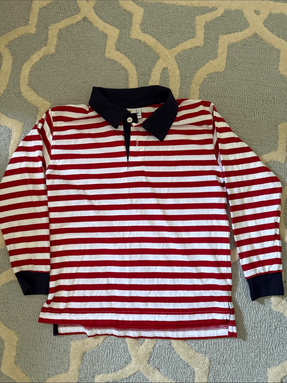 FKids Red & White Striped Long-Sleeve Polo Shirt with Navy Collar